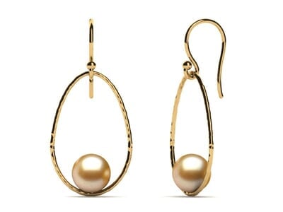 Golden Pearl Earring Open Drop Hoop Hammered