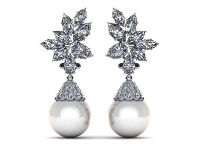 White South Sea Pearl Earring Cluster Diamond Cap Style 4.37 carats t.dw.