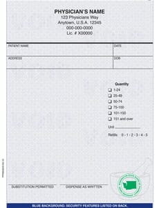 Washington compliant 4 1/4" x 5 1/2" Vertical 1-part Rx Pads (8 Pads @ 100 sheets/pad) - Blue Washington compliant 4 1/4" x 5 1/2" Vertical 1-part Rx Pads (8 Pads @ 100 sheets/pad) - Blue