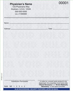 Delaware compliant 4 1/4" x 5 1/2" Vertical 1-part Rx Pads (8 Pads @ 100 sheets/pad) - Blue Delaware compliant 4 1/4" x 5 1/2" Vertical 1-part Rx Pads (8 Pads @ 100 sheets/pad) - Blue