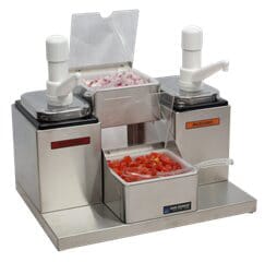 Self-Service Condiment Center - (2) Ultra Pumps, (2) 2 1/2 Qt Jars & (2) 1 Qt Inserts w/Notched Lids & Spoons Self-Service Condiment Center - (2) Ultra Pumps, (2) 2 1/2 Qt Jars & (2) 1 Qt Inserts w/Notched Lids & Spoons