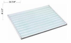 14 7/8" x 8 1/2" - 15# 1-Ply Continuous Computer Paper (3,500 sheets/carton) No Vert. Perf - 1/2" Green Bar 14 7/8" x 8 1/2" - 15# 1-Ply Continuous Computer Paper (3,500 sheets/carton) No Vert. Perf - 1/2" Green Bar