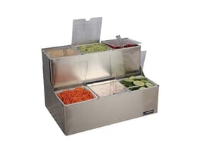 EZ-Chill Stepped Condiment Center w/Notched Lids - (6) 1 Qt Inserts w/Individual Notched Lids, (2) Ice Liners EZ-Chill Stepped Condiment Center w/Notched Lids - (6) 1 Qt Inserts w/Individual Notched Lids, (2) Ice Liners
