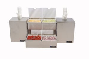 Pump & Condiment Tray Center - (2) Ultra Pumps & Boxes, (4) 1 Qt Inserts w/Spoons Pump & Condiment Tray Center - (2) Ultra Pumps & Boxes, (4) 1 Qt Inserts w/Spoons