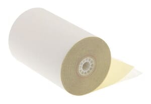 4 1/2" x 95' (114mm x 29m) 2-Ply Carbonless Paper (24 rolls/case) - White / Canary 4 1/2" x 95' (114mm x 29m) 2-Ply Carbonless Paper (24 rolls/case) - White / Canary