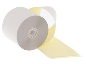2 1/4" x 80' (58mm x 24m) 2-Ply Self-Contained Ribbonless Paper (50 rolls/case) - White / Canary 2 1/4" x 80' (58mm x 24m) 2-Ply Self-Contained Ribbonless Paper (50 rolls/case) - White / Canary