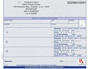 California compliant (multiple drug format) 5 1/2" x 4 1/4" Horizontal 1-part Rx Pads (8 Pads @ 100 sheets/pad) - Blue California compliant (multiple drug format) 5 1/2" x 4 1/4" Horizontal 1-part Rx Pads (8 Pads @ 100 sheets/pad) - Blue
