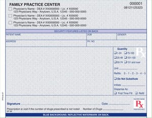 California compliant (single drug format) 5 1/2" x 4 1/4" Horizontal 1-part Rx Pads (4 Pads @ 100 sheets/pad) - Blue California compliant (single drug format) 5 1/2" x 4 1/4" Horizontal 1-part Rx Pads (4 Pads @ 100 sheets/pad) - Blue