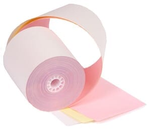 3 1/4" x 65' (83mm x 19.8m) 3-Ply Carbonless Paper (50 rolls/case) - White / Canary / Pink 3 1/4" x 65' (83mm x 19.8m) 3-Ply Carbonless Paper (50 rolls/case) - White / Canary / Pink