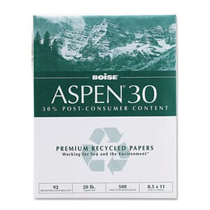 Boise Cascade 8-1/2" x 11" ASPEN 30% Recycled Office Paper, 92 Bright, 20lb (5,000 sheets/carton) - White Boise Cascade 8-1/2" x 11" ASPEN 30% Recycled Office Paper, 92 Bright, 20lb (5,000 sheets/carton) - White