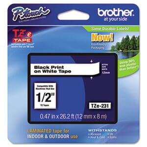 Brother TZe Standard Adhesive Laminated Labeling Tape, 1/2w, Black on White Brother TZe Standard Adhesive Laminated Labeling Tape, 1/2w, Black on White