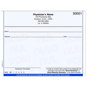 Delaware compliant 5 1/2" x 4 1/4" Horizontal 1-part Rx Pads (8 Pads @ 100 sheets/pad) - Blue Delaware compliant 5 1/2" x 4 1/4" Horizontal 1-part Rx Pads (8 Pads @ 100 sheets/pad) - Blue
