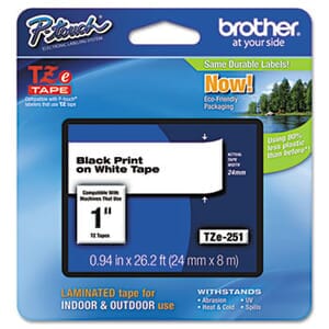 Brother TZe Standard Adhesive Laminated Labeling Tape, 1w, Black on White Brother TZe Standard Adhesive Laminated Labeling Tape, 1w, Black on White