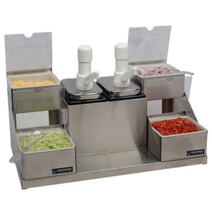 Self-Service Condiment Center - (2) Ultra Pumps, (2) 2 1/2 Qt Jars & (4) 1 Qt Inserts w/Notched Lids & Spoons Self-Service Condiment Center - (2) Ultra Pumps, (2) 2 1/2 Qt Jars & (4) 1 Qt Inserts w/Notched Lids & Spoons