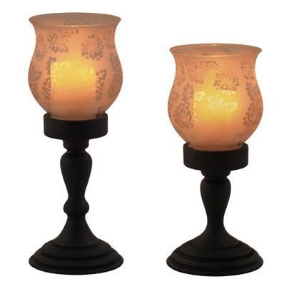 2 Piece Chesapeake Etched Glass Hurricanes with Flameless Pillar Candles