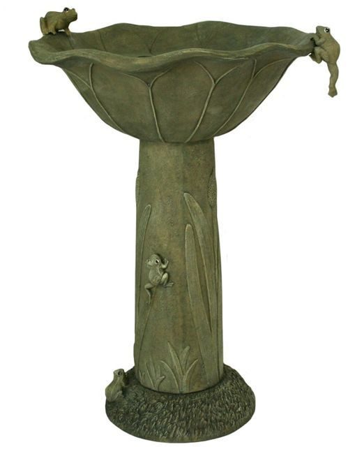 Acadia Solar Birdbath with Olive Green Finish and Well-crafted Frog Sculptures