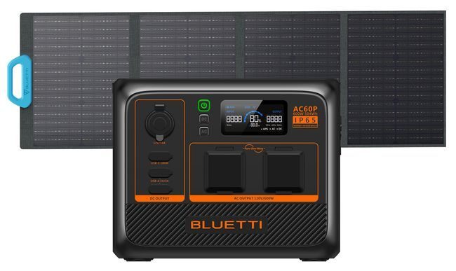 Bluetti AC60P Portable Power Station - 600W - 504Wh - Includes 120W Solar Panel