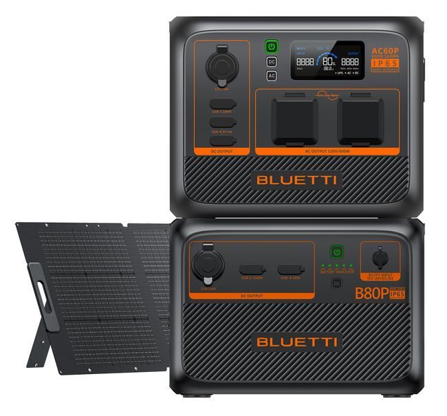 Bluetti AC60P Portable Power Station & B80P Expansion Battery Solar Kit - Includes 200W Solar Panel