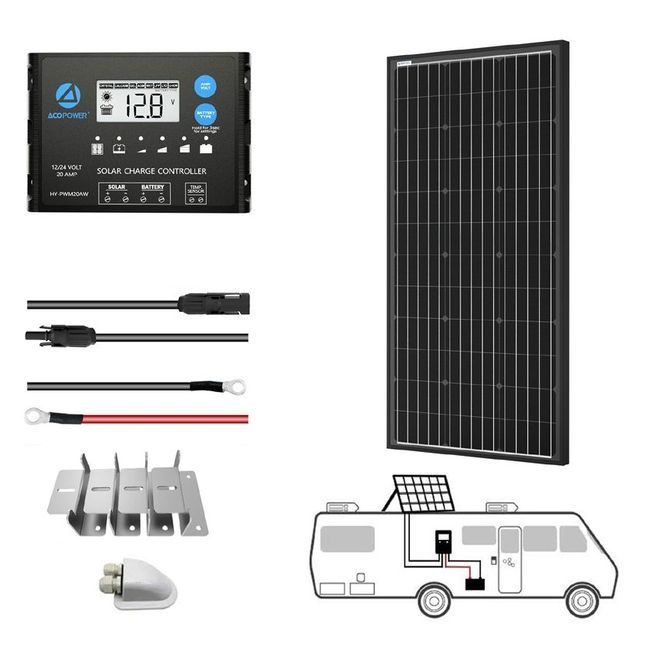 ACO Power 100W 12V Monocrystalline Solar RV Kit - 20A PWM Charge Controller