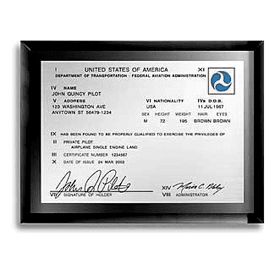 Classic FAA License On Black Glass