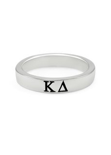 Sterling silver thin-band ring with black enameled Greek letters