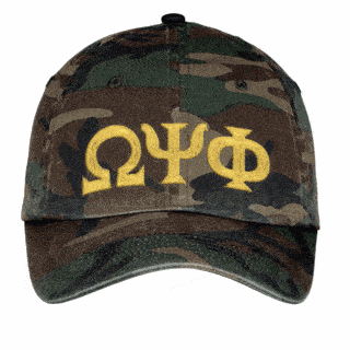 Omega Psi Phi Lettered Camouflage Hat - FREE GROUND SHIPPING