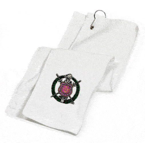 DISCOUNT-Omega Psi Phi Crest - Shield Golf Towel SALE $14.95. - Greek Gear®