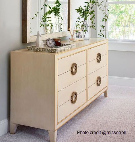 Retro Abstract Dresser In Cream With Antique Gold Accents For Sale