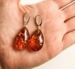 Large Teardrop Amber Earrings Made of Cognac Amber - SOLD OUT