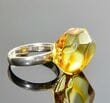 Amber Silver Ring Made of Faceted Natural Shape Golden Color Amber