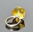 Amber Silver Ring Made of Faceted Natural Shape Golden Color Amber