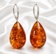 Large Teardrop Amber Earrings Made of Cognac Color Amber