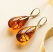 Large Amber Earrings Made of Flat Teardrop Baltic Amber