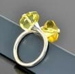 Amber Silver Ring Made of Faceted Natural Shape Golden Color Amber