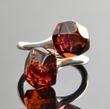 Adjustable Amber Silver Ring Faceted Free Form Cherry Color Amber