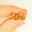 Amber Heart Stud Earrings Made of Light Cognac Color Amber