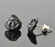 Carved Amber Rose Stud Earrings Made of Black Amber