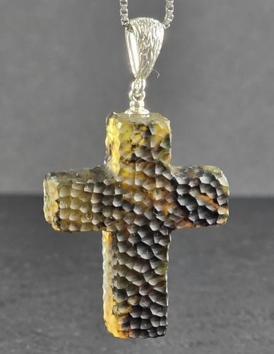 Meteorite Amber Cross Pendant Carved Cloudy Baltic Amber