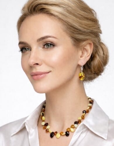 Leaf Amber Necklace Made of Butterscotch Cherry Cognac Lemon Amber