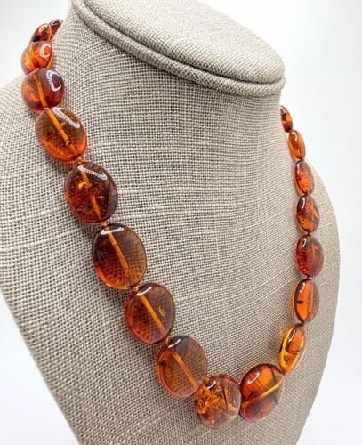 Amber Necklace Made of Flat Round Shape Dark Cognac Color Amber