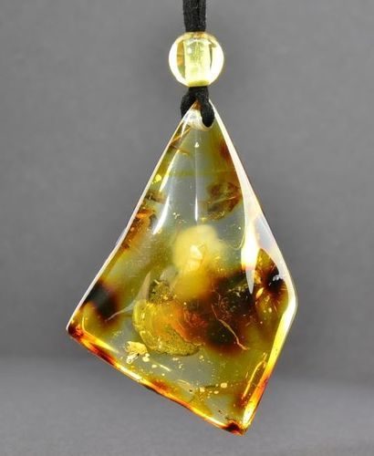 Large Amber Pendant Made of Free Form Amber With Bits of Flora
