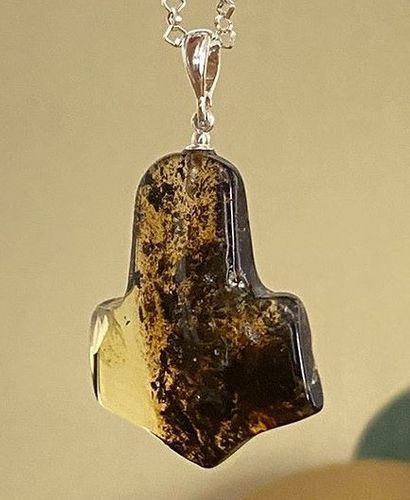 Thor's Hammer Pendant Made of Amber With Bits of Flora