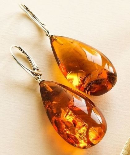 Large Amber Earrings Made of Flat Teardrop Baltic Amber