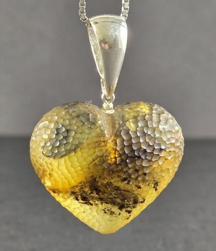 Meteorite Amber Heart Pendant Carved Cloudy Baltic Amber