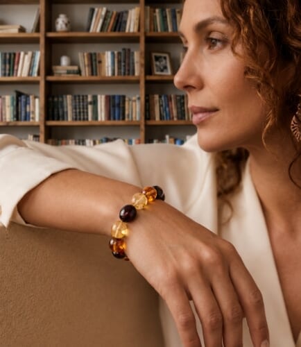 Amber Bracelet Made of Golden, Cognac, Cherry Color Amber