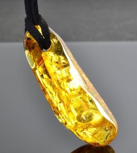 Amber Amulet On Black Cord Tall Free Form Golden Amber