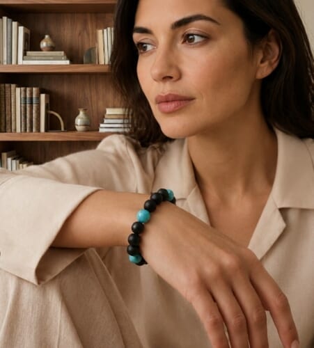 Amber Bracelet Made of Black Amber Color and Turquoise