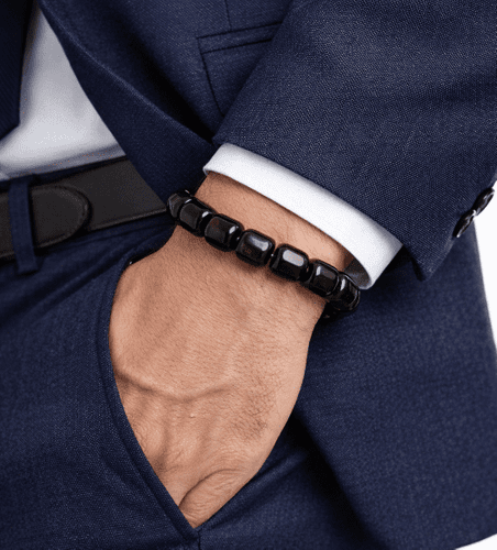 Men's Amber Bracelet Made of Barrel Shaped Black Amber 