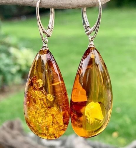 Large Teardrop Amber Earrings Made of Light Cognac Amber
