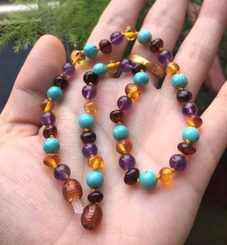 Amber Necklace for Children Made of Amber Amethyst and Turquoise